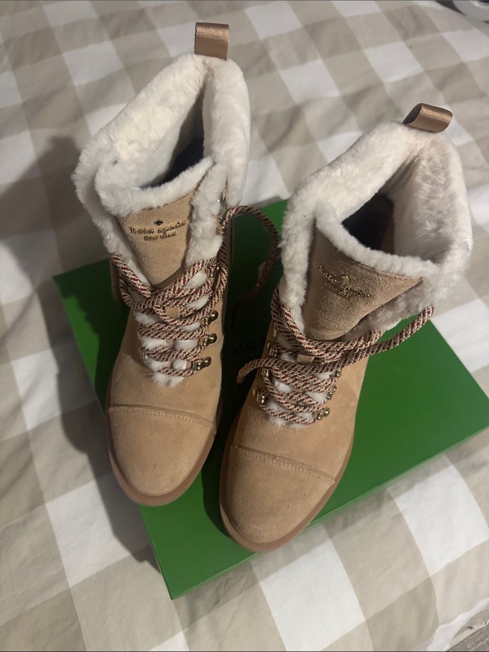 kate spade tan Suede Lace-Up Shearling Ankle Boots